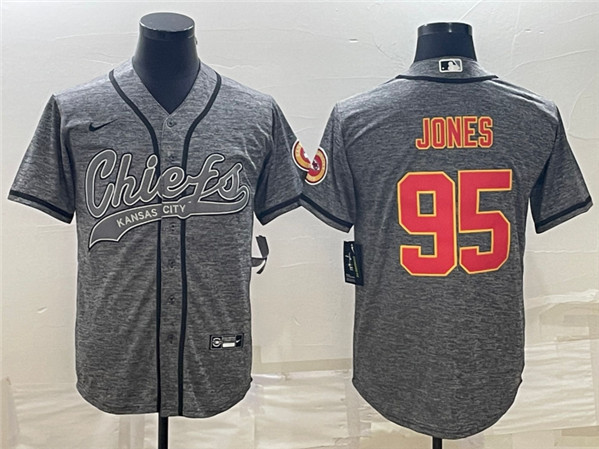 Men's Kansas City Chiefs #95 Chris Jones Gray With Patch Cool Base Stitched Baseball Jersey